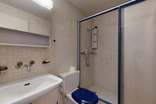 salle de bains avec mur en carrelage, tile wall, miroir, salle de bain complète, et toilette