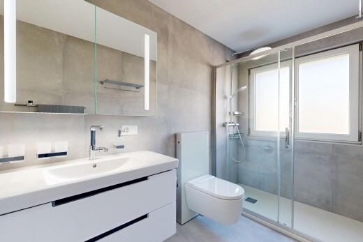 bad mit concrete wall, betonmauer, schminktisch, spiegel, und komplettes badezimmer
