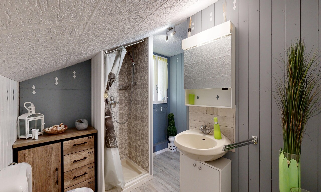 salle de bains avec lavabo (ou coiffeuse selon le contexte), low ceiling, plafond bas, douche, et salle de bain complète