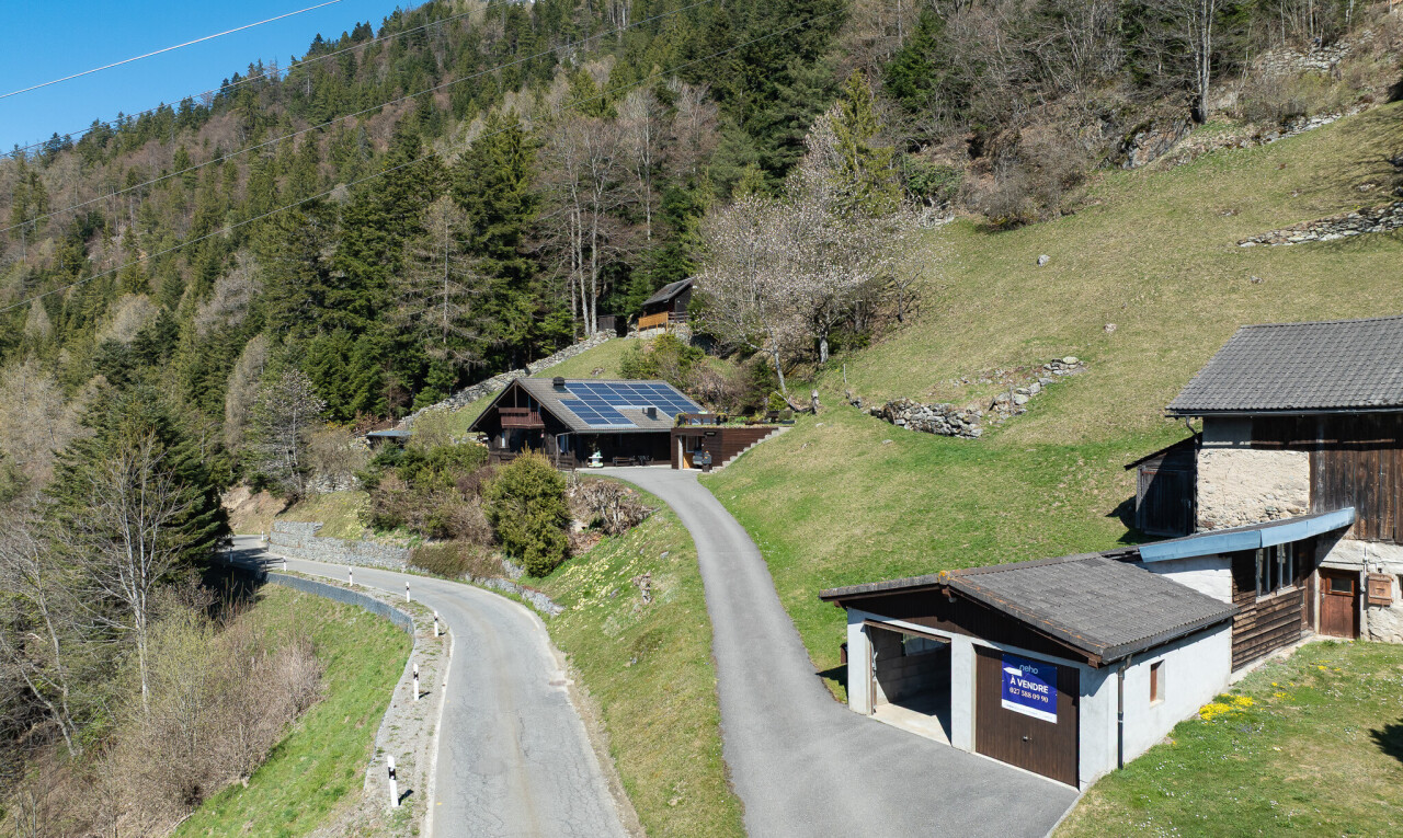 façade avec panneaux solaires, vue sur la forêt, forest view, day time, et allée