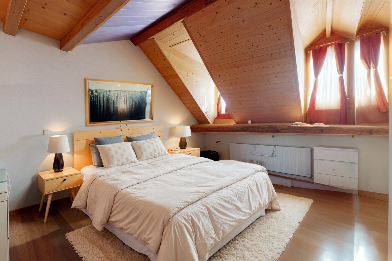 chambre avec plafond voûté, radiateur, pièce supplémentaire, plafond à poutres, et plafond en bois