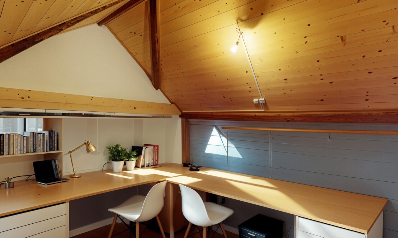 bureau avec plafond en bois, plafond voûté, bureau intégré, espace bureau, et plafond à poutres