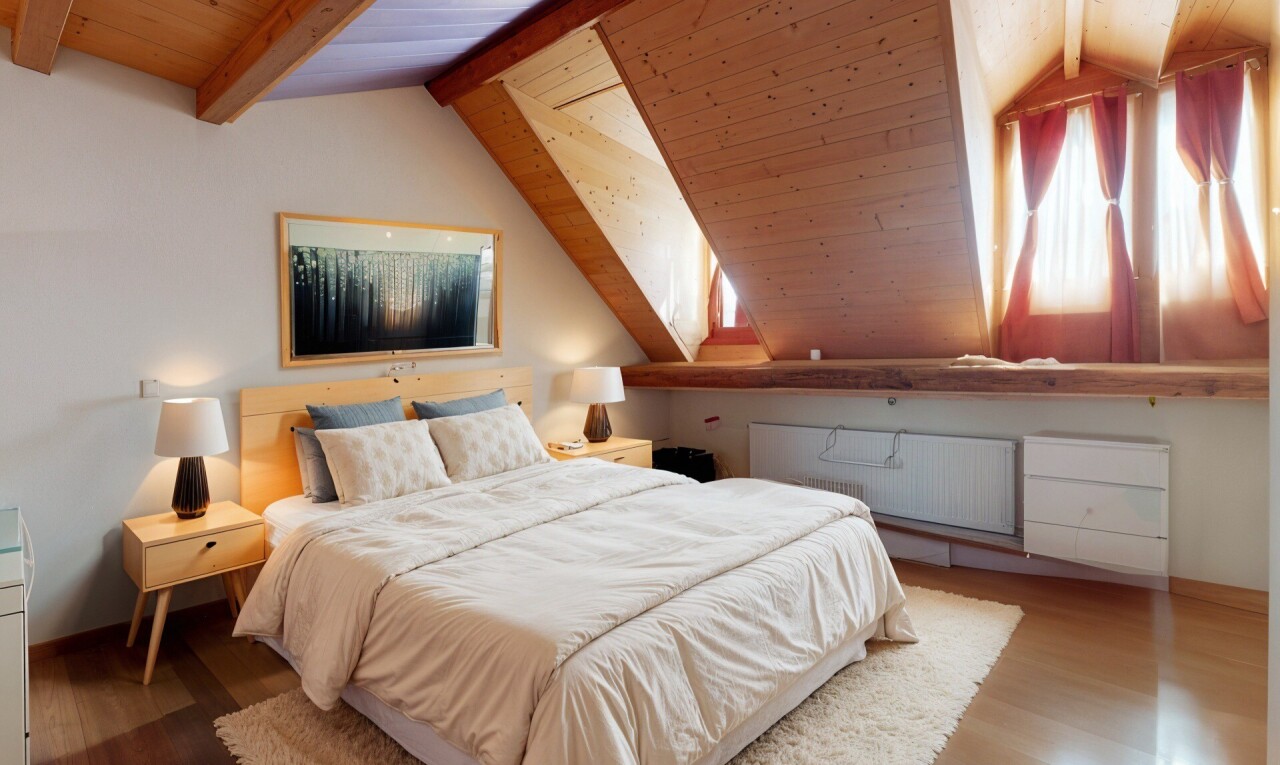 chambre avec plafond voûté, radiateur, pièce supplémentaire, plafond à poutres, et plafond en bois