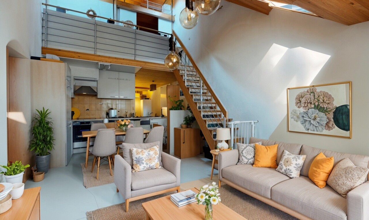 salon / salle à manger avec cloison sèche, escaliers, et plafond haut