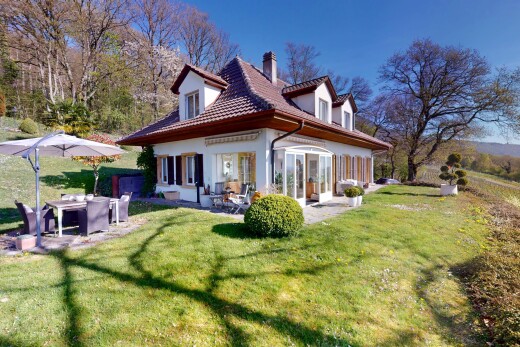 außenansicht mit rasen, schornstein, dachgaube, und stuckverkleidung