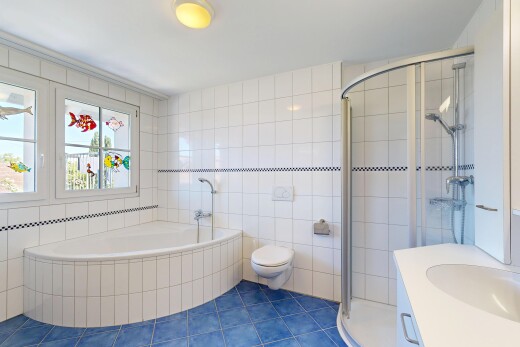 salle de bains avec mur en carrelage, tile wall, salle de bain complète, douche, et bain