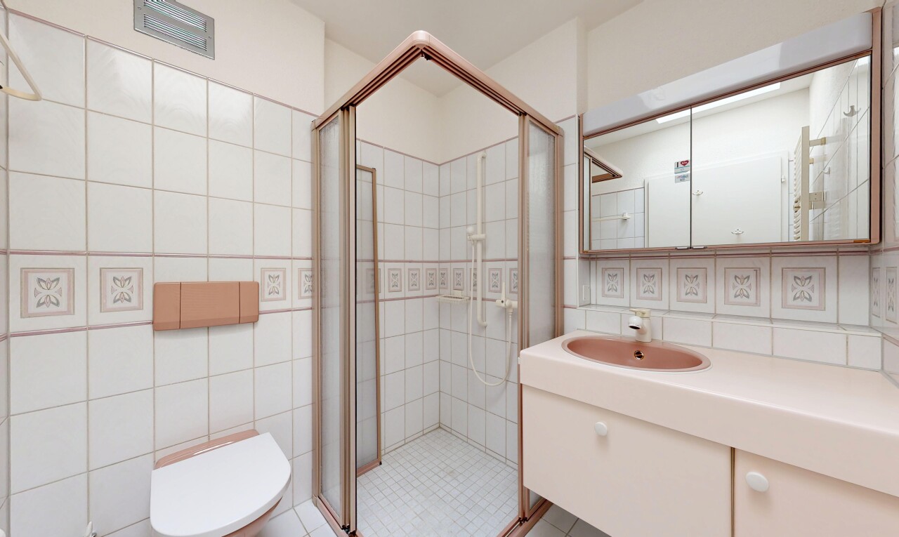 salle de bains avec lavabo (ou coiffeuse selon le contexte), salle de bain complète, mur en carrelage, tile wall, et douche