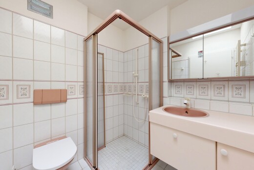 salle de bains avec lavabo (ou coiffeuse selon le contexte), salle de bain complète, mur en carrelage, tile wall, et douche