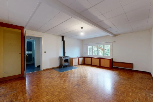 leerer raum mit holzofen, gipskartonwand, drywall, inside property, und holzfußboden