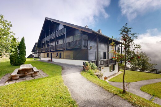 façade avec pelouse, property visible, bardage horizontal, day time, et cheminée