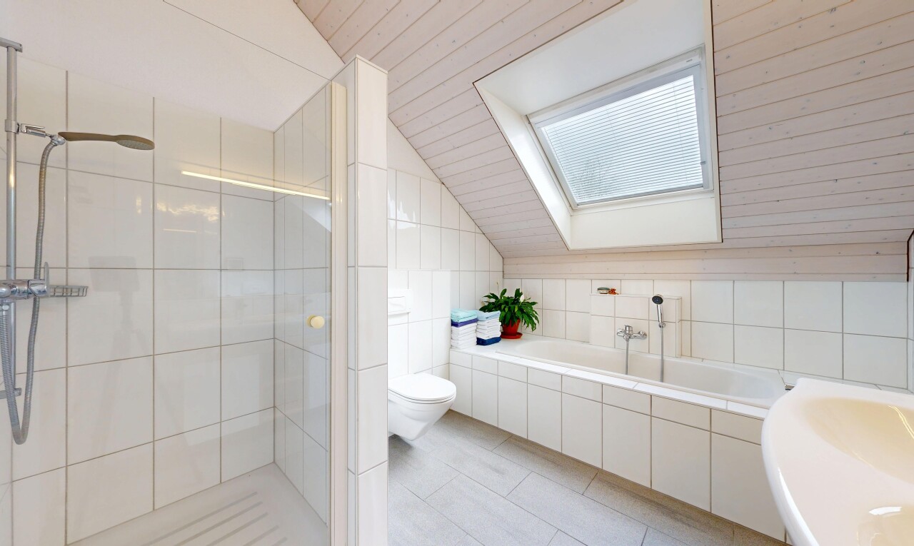 bad mit toilette, vaulted ceiling, dachschräge, komplettes badezimmer, und dusche
