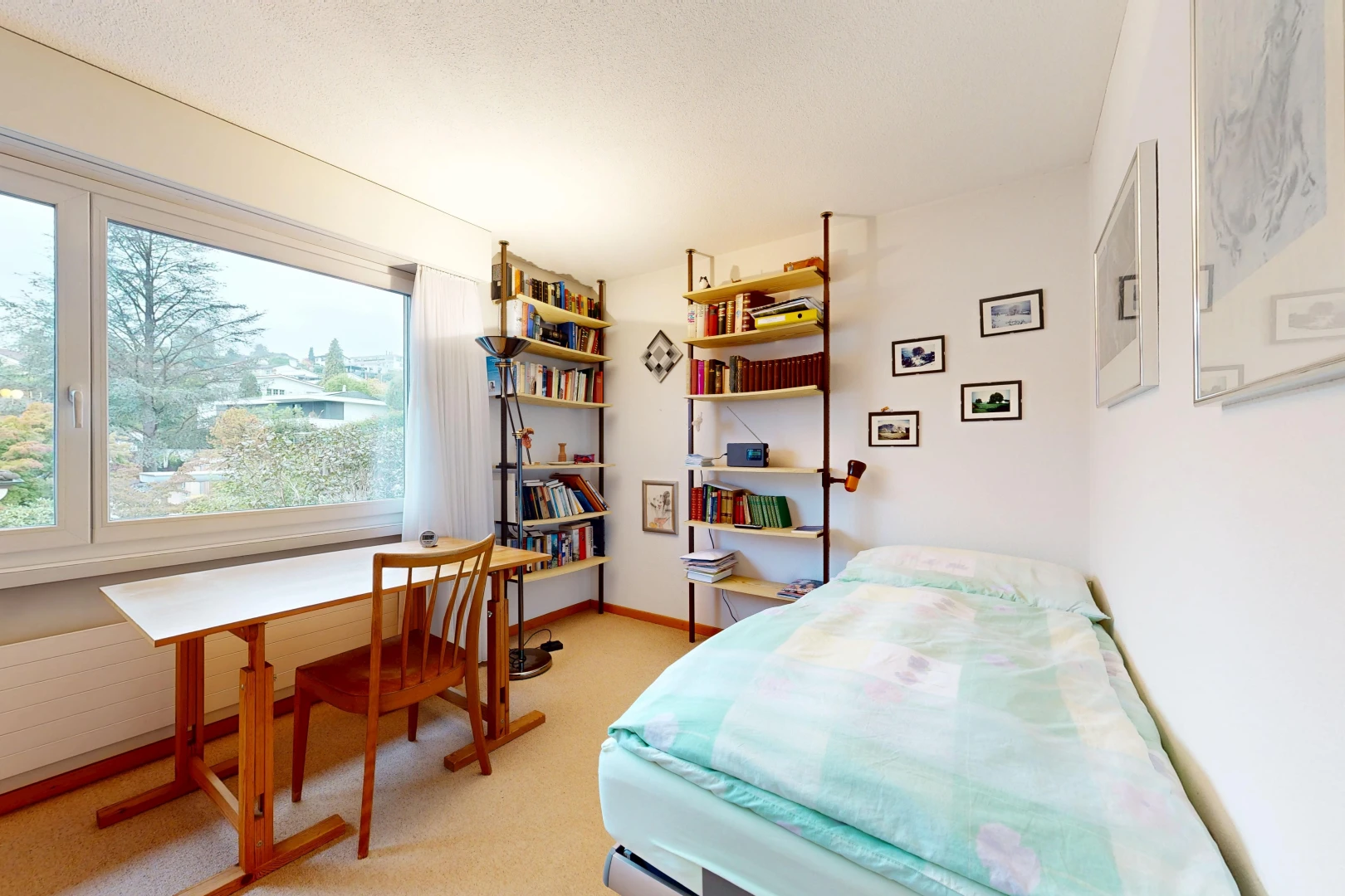 room / bedroom with a desk and light carpet