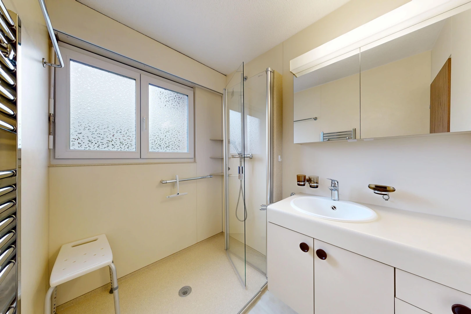 bathroom with a towel warmer, a shower stall, and vanity