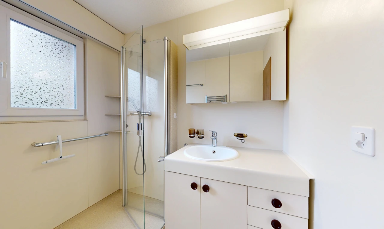 bathroom featuring a shower stall and vanity