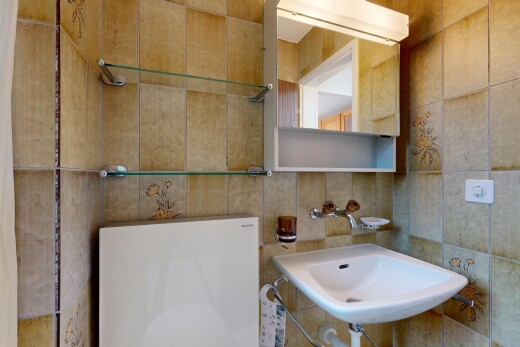 bad mit spiegel, fliesenwand, tile wall, waschbecken, und inside property