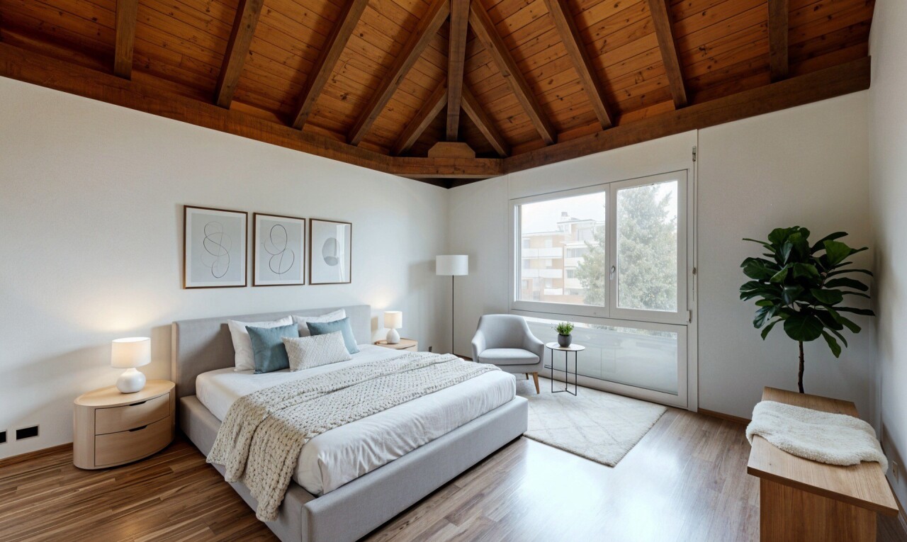 leerer raum mit inside property, dachschräge, vaulted ceiling, balkendecke, und beamed ceiling