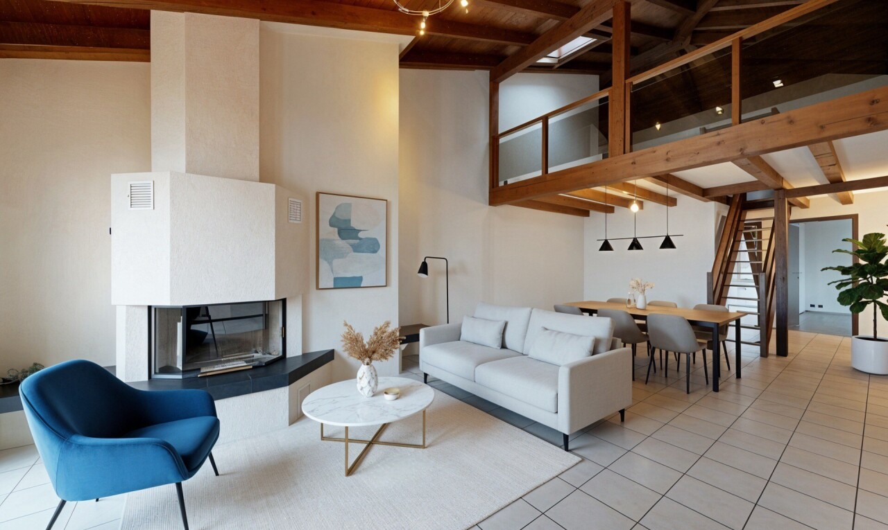 leerer raum mit kamin, balkendecke, beamed ceiling, inside property, und treppen
