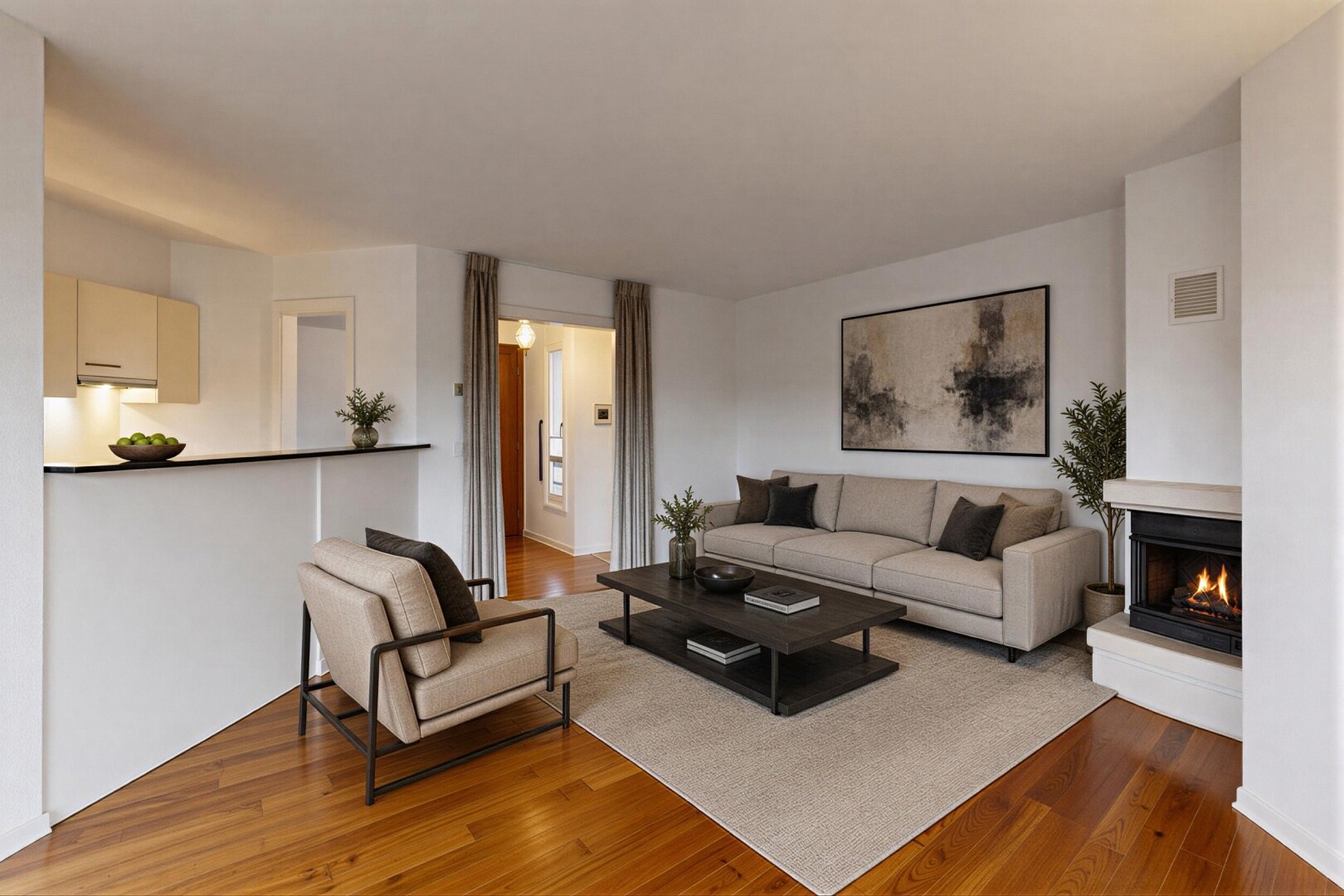 living room featuring wood-type flooring and a warm lit fireplace
