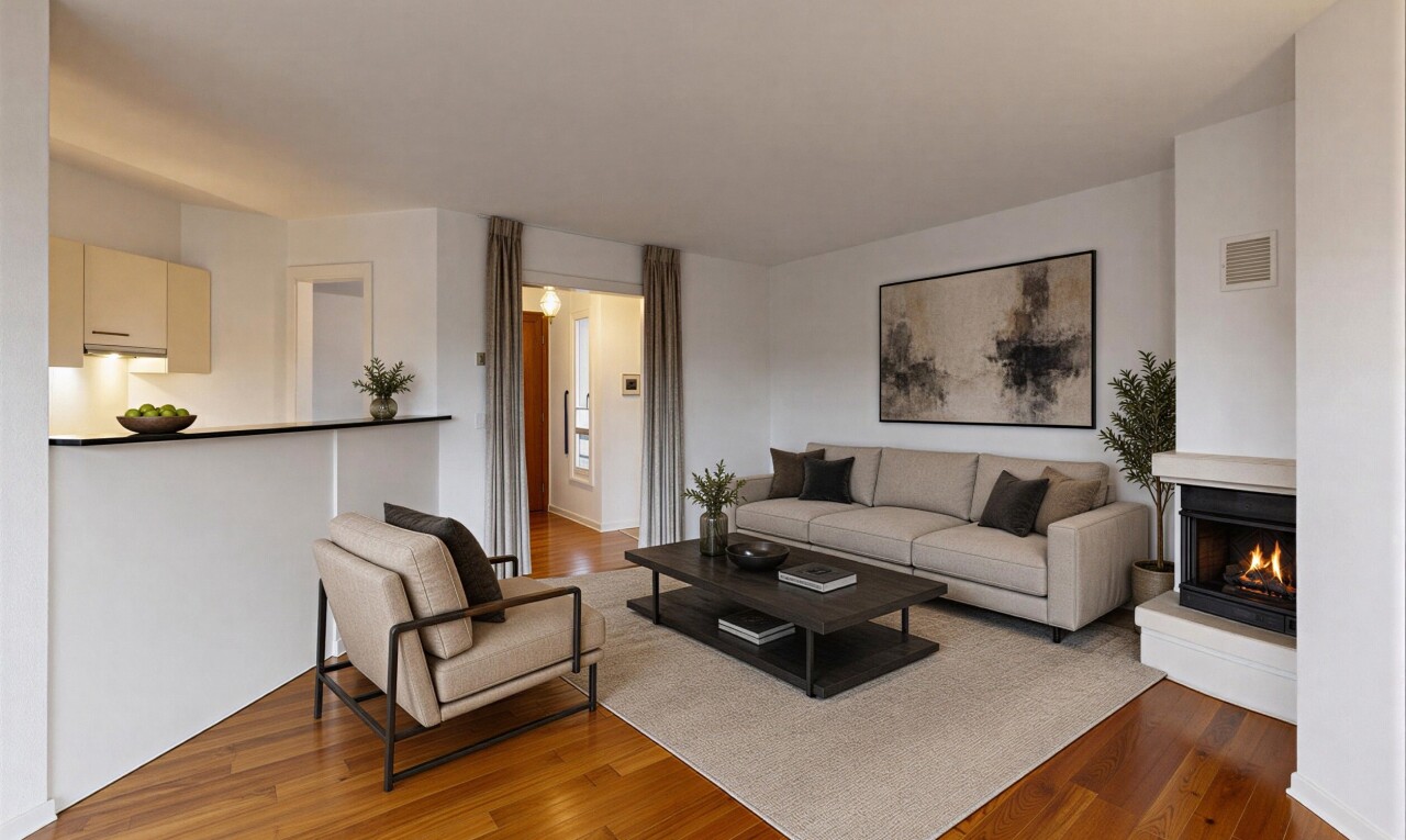 living room featuring wood-type flooring and a warm lit fireplace