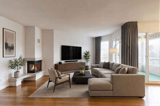 wohnzimmer mit inside property, fernseher, wood finish floor, holzfußboden, und drywall