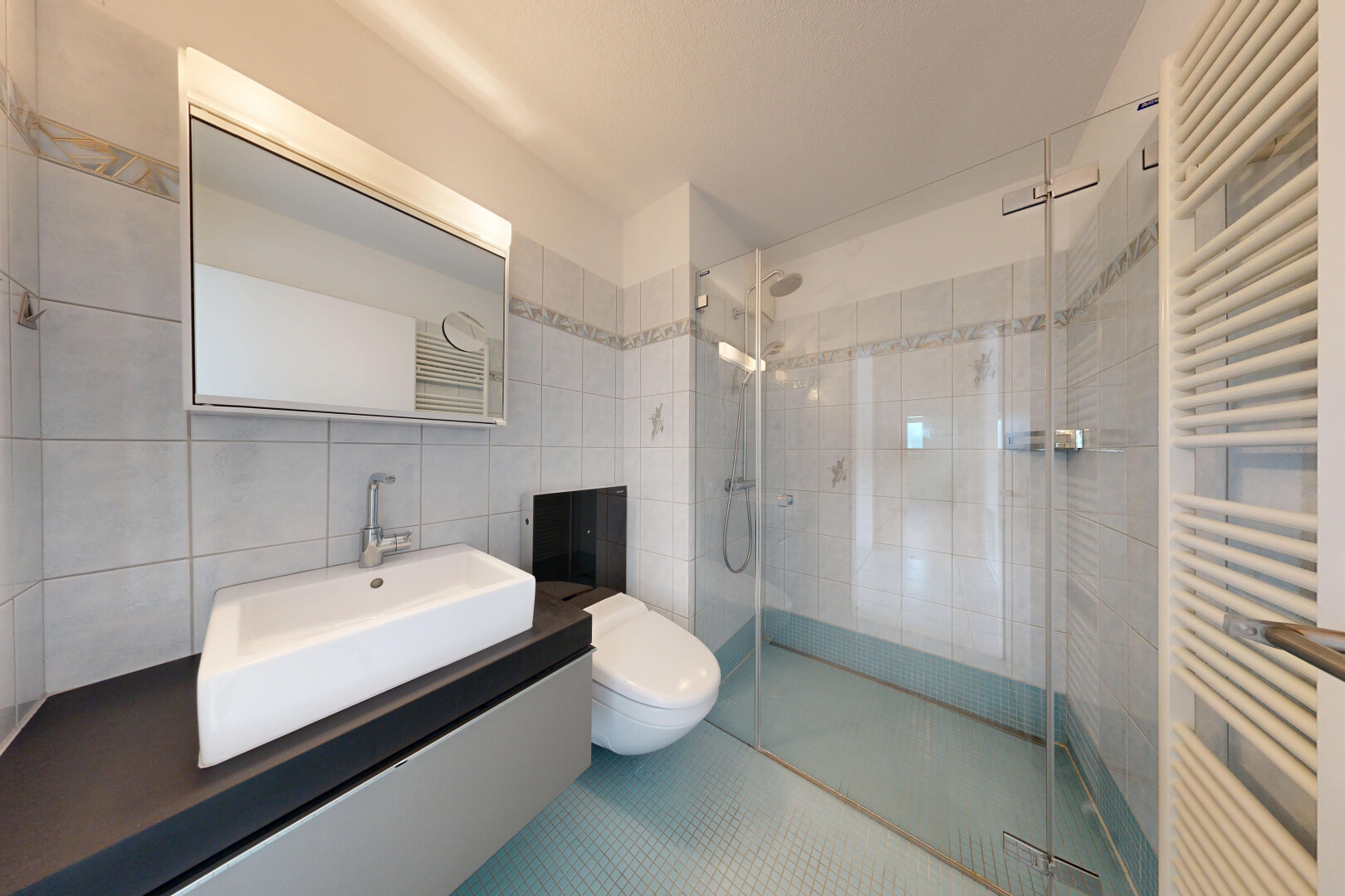 salle de bains avec chauffe-serviettes, radiateur, évier, salle de bain complète, et douche