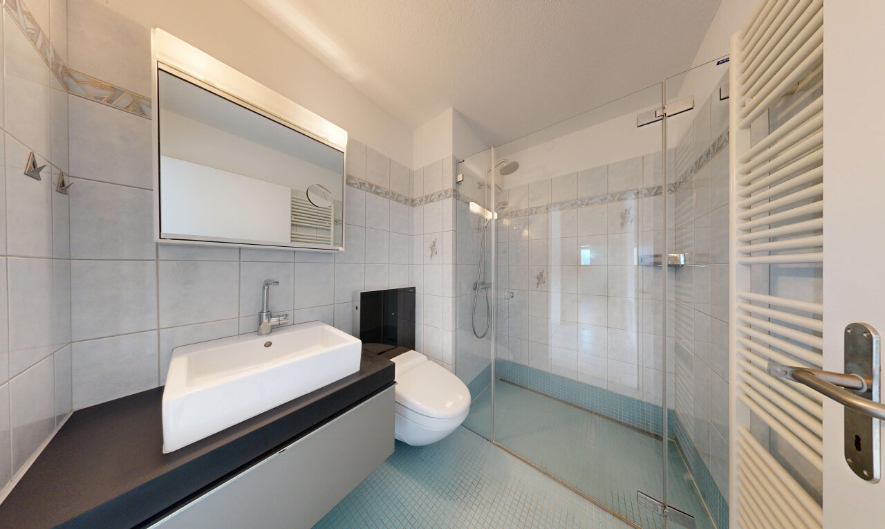 salle de bains avec chauffe-serviettes, radiateur, évier, salle de bain complète, et douche