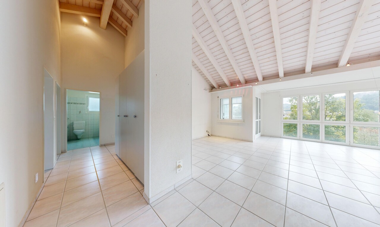 couloir avec high ceiling, plafond haut, light floor, vaulted ceiling, et plafond voûté