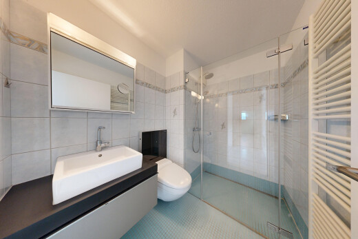 salle de bains avec chauffe-serviettes, radiateur, évier, salle de bain complète, et douche