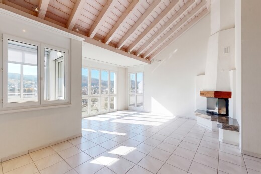 leerer raum mit dachschräge, vaulted ceiling, natürliches licht, high end ceiling, und gipskartonwand