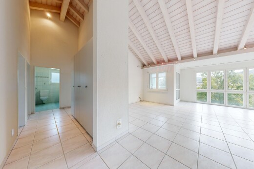 couloir avec high ceiling, plafond haut, light floor, vaulted ceiling, et plafond voûté