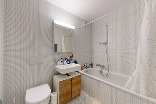 salle de bains avec douche-bain combinés, salle de bain complète, miroir, inside property, et évier