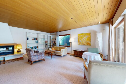 wohnzimmer mit eingebaute regale, kamin, holzdecke, wood ceiling, und teppich