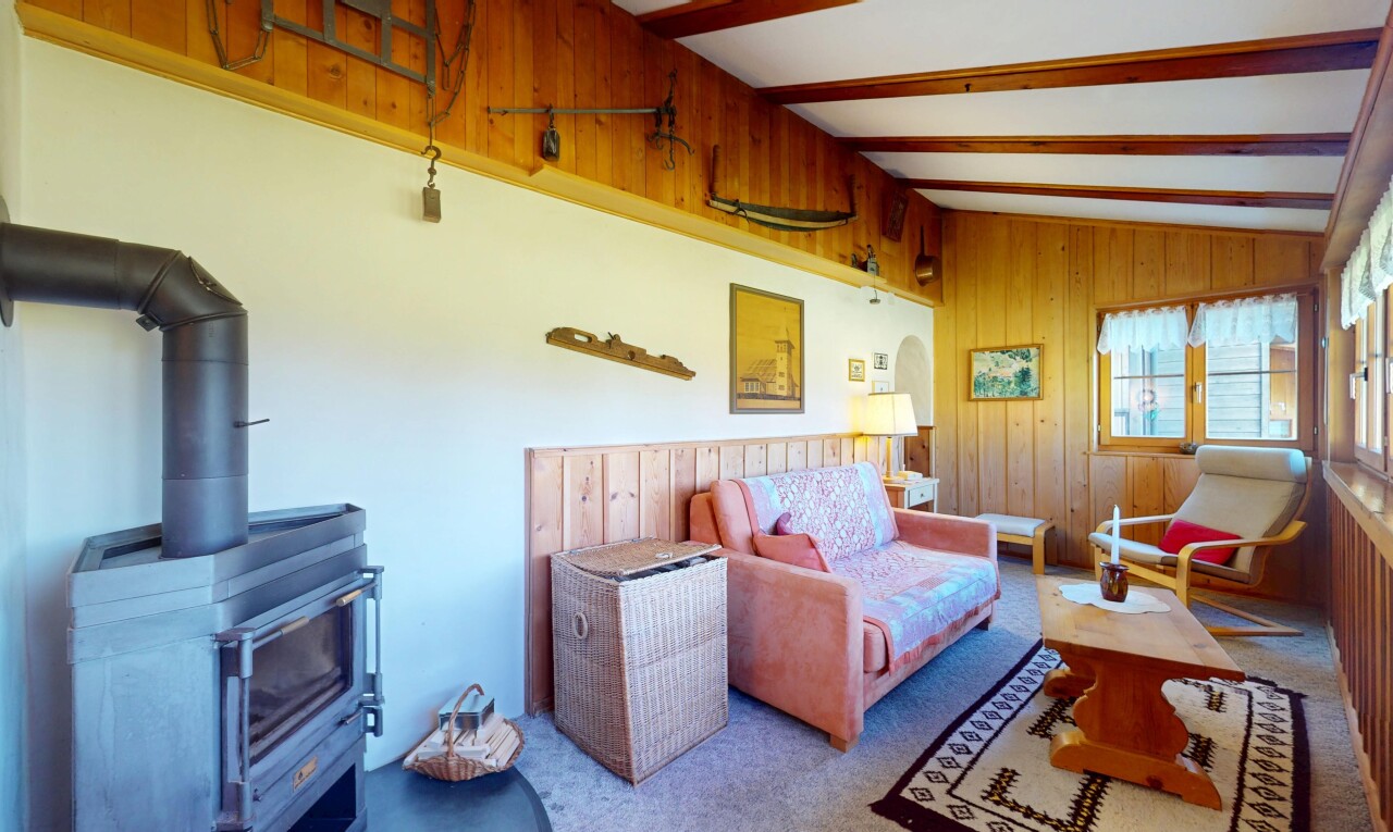salon avec inside property, poêle à bois, natural light, lumière naturelle, et wood wall