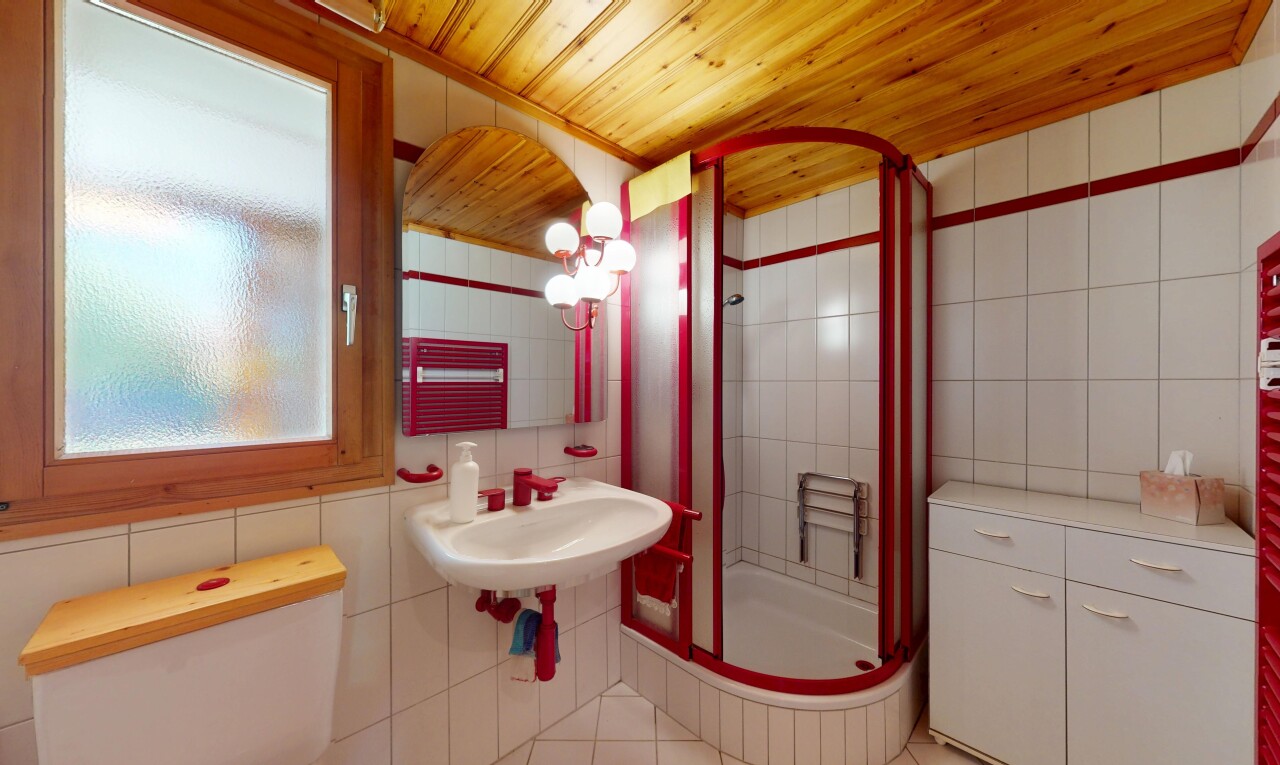 salle de bains avec mur en carrelage, tile wall, douche, salle de bain complète, et inside property
