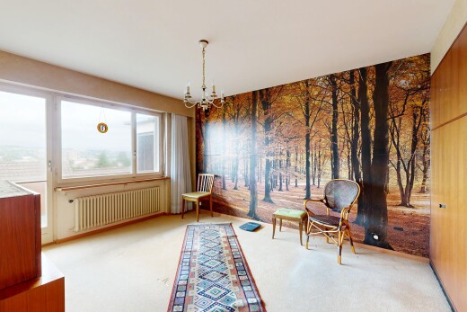 wohnzimmer mit kühler, teppich, carpet, bemerkenswerter kronleuchter, und natürliches licht