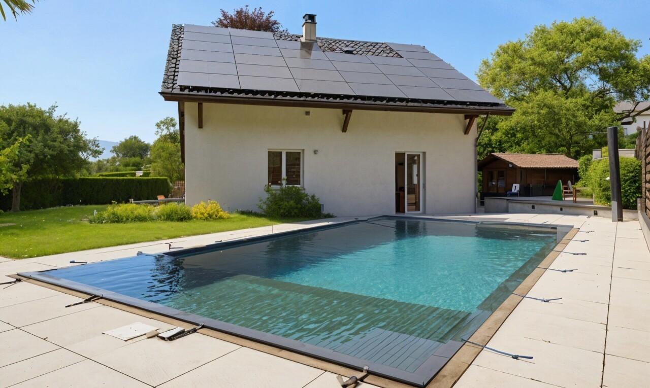 schwimmbad mit schwimmbad, day time, terrasse, property visible, und rasen