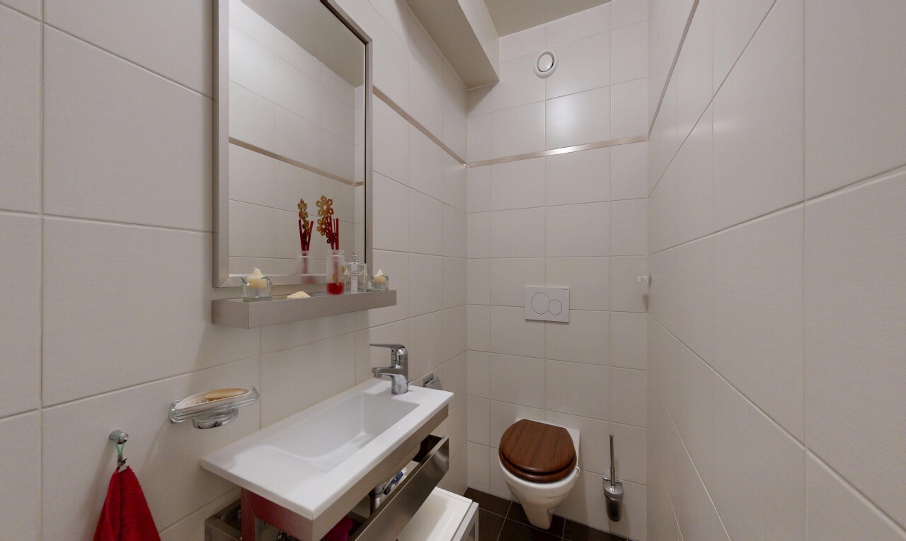 bad mit spiegel, gäste-wc, inside property, fliesenwand, und tile wall