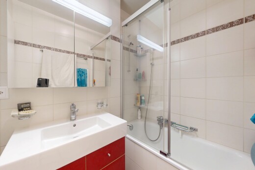 salle de bains avec salle de bain complète, lavabo (ou coiffeuse selon le contexte), douche-bain combinés, inside property, et miroir