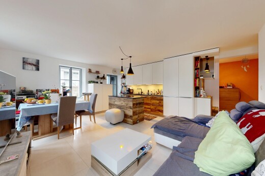 salon / salle à manger avec inside property, cloison sèche, drywall, light floor, et animal