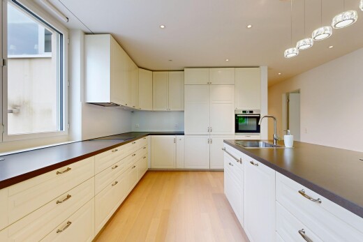 küche mit arbeitsplatten, dark countertops, light floor, ofen, und wood finish floor