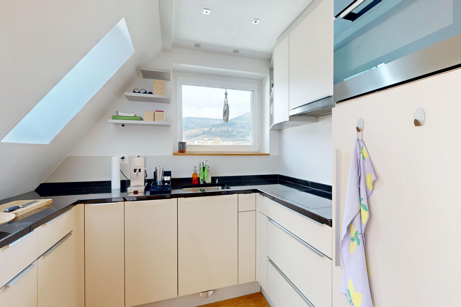 kitchen featuring freestanding refrigerator, dark countertops, vaulted ceiling, ventilation hood, and open shelves