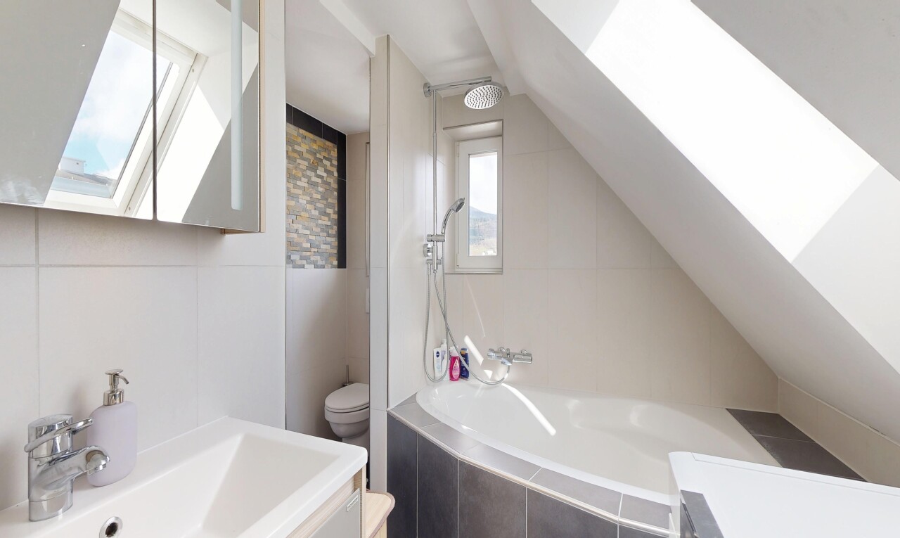 bathroom with a skylight, vanity, tiled shower / bath, and vaulted ceiling