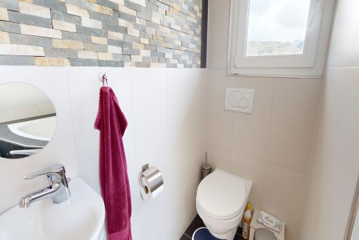 bad mit inside property, fliesenwand, tile wall, gäste-wc, und waschbecken