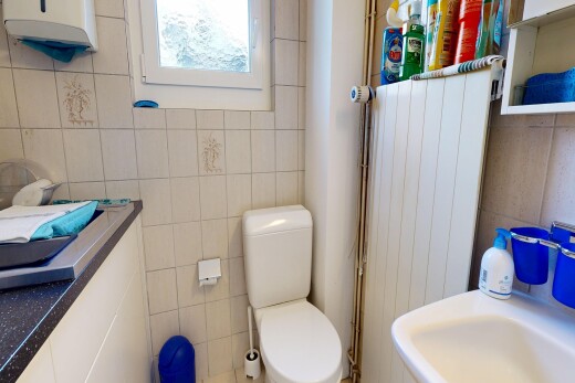 salle de bains avec mur en carrelage, tile wall, toilette, lumière naturelle, et natural light