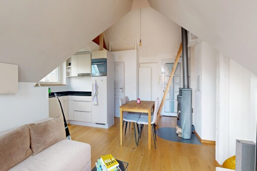 wohn- / esszimmer mit dachschräge, vaulted ceiling, holzfußboden, wood finish floor, und light floor