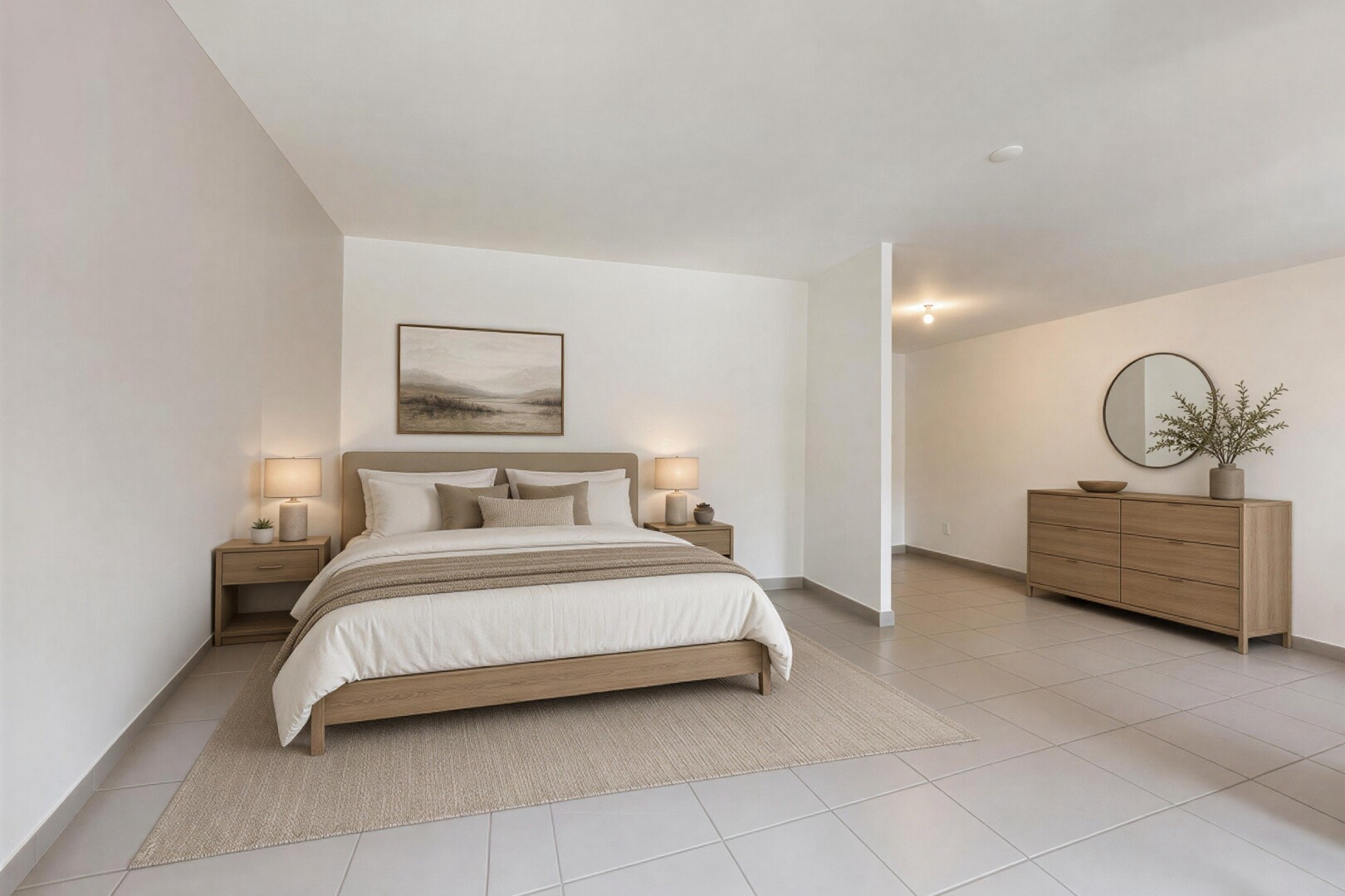 chambre avec drywall, cloison sèche, virtually staged, light floor, et baseboards wall