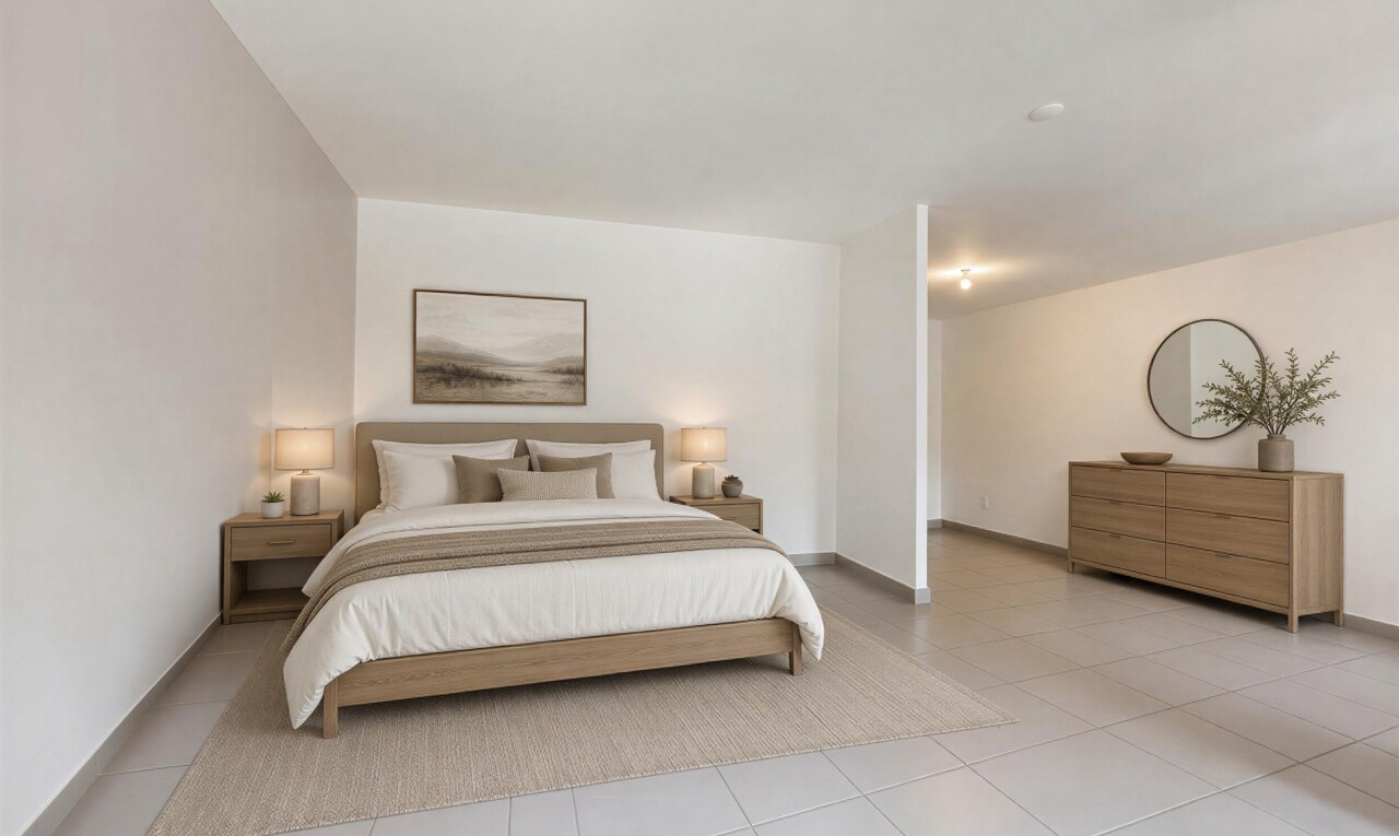 chambre avec drywall, cloison sèche, virtually staged, light floor, et baseboards wall