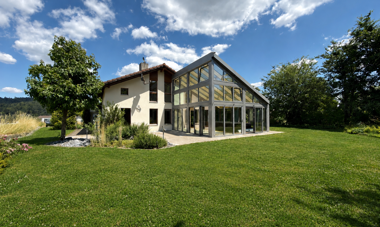 außenansicht mit wintergarten, rasen, property visible, day time, und schornstein