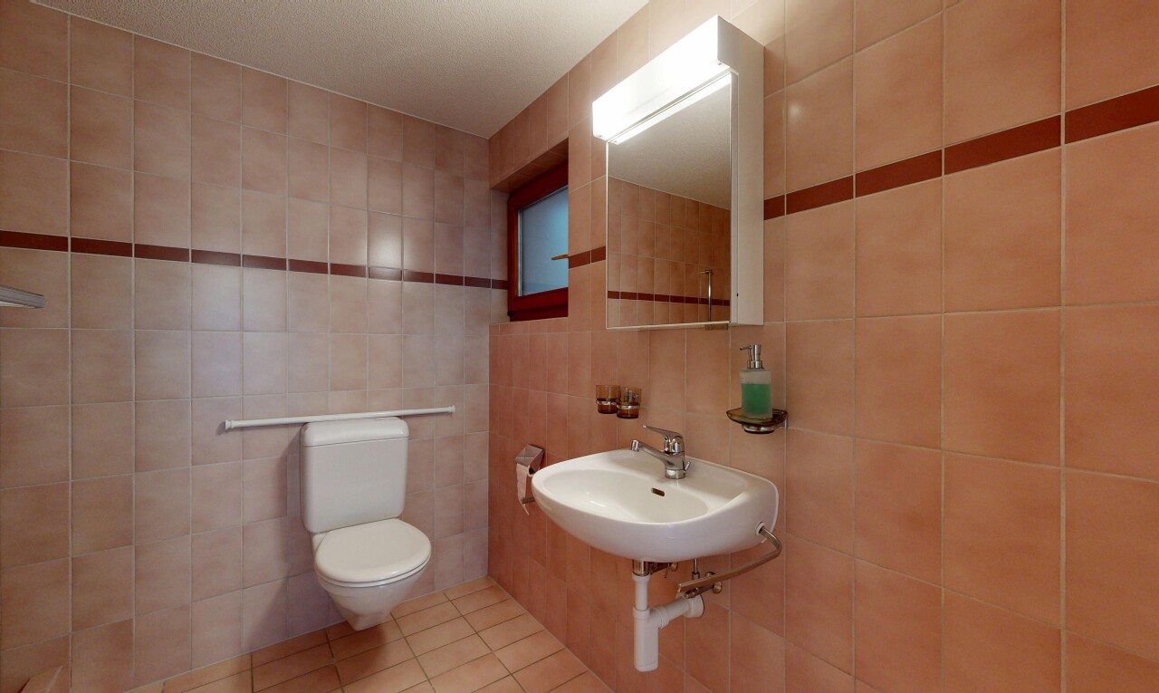 bad mit spiegel, toilette, inside property, waschbecken, und fliesenboden