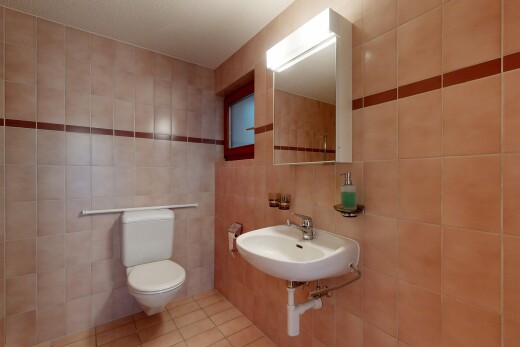 bad mit spiegel, toilette, inside property, waschbecken, und fliesenboden